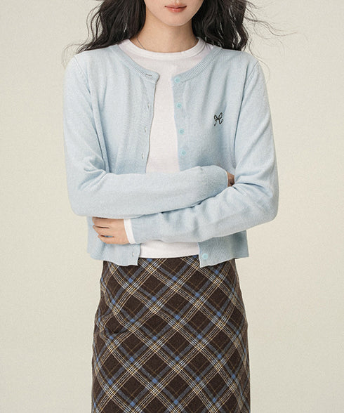 ワンポイントカーディガン リボン刺しゅう ニットトップス レディース 前開き ニットアウター クルーネック ニットセーター 韓国風 カジュアル ニット羽織 着回し 24TPS-052